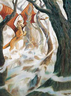 Jersey Devil illustration a red-winged jersey devil in foggy forest setting.