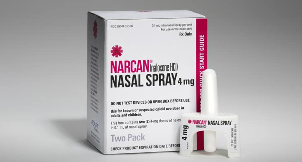 Narcan packaging and bottle.