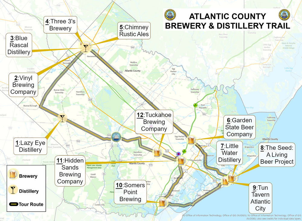 Atlantic County Brewery & Distillery Trail
Map shows a round "trail" to take to hit all of the breweries and distilleries in Atlantic County.
