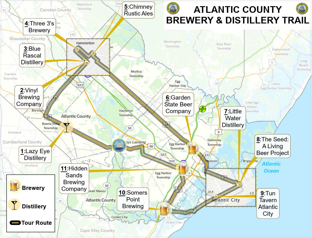 Atlantic County Brewery & Distillery Trail
Map shows a round "trail" to take to hit all of the breweries and distilleries in Atlantic County.